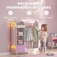 AIYAPLAY Kids Clothing Rack, Kids Wardrobe with Glowing Lights Mirror, Non-Woven Drawer and Shelves for Bedroom, Ages 3-8, Pink(m-6)