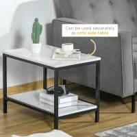 HOMCOM Modern Coffee Table Set of Two, Marble-Effect Nesting Side Tables with Steel Frame for Living Room, White, Black(m-6)