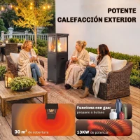 Outsunny Estufa de Gas para Terraza 13 kW con Encendido Piezoeléctrico Antivuelco 4 Ruedas Vidrio Templado Piedras de Lava Negro(m-4)