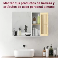 HOMCOM Espejo de Baño 60x50 cm Espejo de Pared con Puerta de Listones de Bambú Estantes de Almacenaje Blanco y Natural(m-5)
