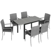 Outsunny 7 Piece Rattan Garden Furniture Set, 6 Seater Garden Table and 6 Stackable Chairs with Extendable Acacia Wood Tabletop(m-1)