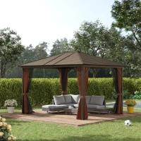 Outsunny Cenador de Jardín 300x365 cm Marco de Aluminio con Cortinas de Doble Capa y Techo Metálico para Reunión Familar Fiestas Bodas Negro y Marrón(m-10)