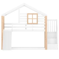 Modern Minimalist Kids Bunk Bed with Slide and Storage Stairs, Solid Wood House Bed for Siblings and Sleepovers, 194L x 90W x 206H cm, White(m-13)