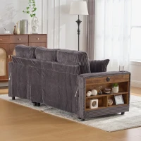Modern Corduroy Sofa Bed with Pull-Out Bed, Storage and LED Lighting, Plush Sleeper Couch for Living Rooms, 196L × 82W × 85H cm, Dark Gray(m-13)
