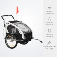 HOMCOM Remolque de Bicicleta para Niños de 2 Plazas con Amortiguadores y Barra 142x85x105 cm Blanco(m-6)