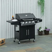 Outsunny Gasgrill BBQ mit 3 Brennern je 3 kw mobiler Grillwagen mit 4 Rädern Grillnetz Seitentischen Druckminderer Schläuche Schrank Multifunktion Metall Schwarz 132,4cm x 55cm x 109cm(m-10)