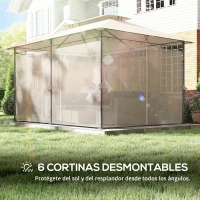 Outsunny Cenador de Jardín de 4x3 m con Doble Techo Paredes Laterales Resistente al Agua para Exterior Terraza Beige(m-6)