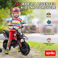 AIYAPLAY 12V Aprilia Licensed Kids Motorbike with Training Wheels, Spring Suspension, LED Headlight, USB, Music, Red/Black(m-4)