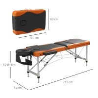 HOMCOM Foldable Massage Bed Portable Table, 3-Section Aluminium Foldable Beauty Couch, Professional Salon Spa Table with Headrest Support, 60 cm Width, Black and Orange(m-3)