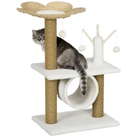 PawHut Arbre à chat griffoir sisal naturel tunnel plateforme style cosy chic quenouille peluche polyester 56 x 40 x 91cm beige(m-1)
