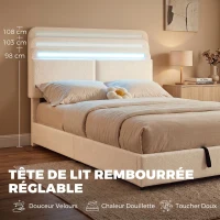 HOMCOM Lit Coffre 140 x 190 cm, LED RGB, Tête Réglable, Cadre de Lit Double Rembourré Velours, Rangement Hydraulique, Crème(m-6)