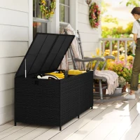 Outsunny 650L Garden Storage Box with 2 Wheels, Rattan Deck Box with Waterproof Zipped Liner, Safe Pneumatic Rods, Black(m-10)