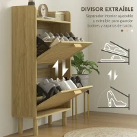 HOMCOM Mueble Zapatero Estilo Bohemio con 2 Cajones Abatibles y 1 Estante Abierto para 12 Pares de Zapatos 80x24,5x110 cm Roble(m-6)