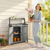 Outsunny Wooden Potting Bench Table with Aluminium Worktop, Outdoor Garden Workbench with Top Shelf and Cabinet Storage(m-2)
