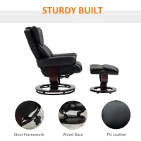 HOMCOM 360° Swivel Recliner Chair with Footstool, PU Leather Manual Recliner Armchair with Footstool, Solid Wood Base, Upholstered Reclining Chair for Living Room, Bedroom, Office, Black(m-5)