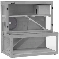PawHut Cage Hamster en Bois, 3 Niveaux avec Cabane, Roue, Rampes, Panneau Transparent, Espaces Séparés, 80x50x84cm, Gris(m-1)