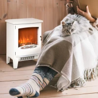 HOMCOM Electric Fireplace Stove, Free standing Fireplace Heater with Realistic LED Flame Effect and Adjustable Brightness, Overheat Safety Protection, 900W/1800W, White(m-2)
