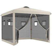 Outsunny Cenador de Jardín 3x3 m con Pared Lateral de Malla 6 Ventanas Altura Ajustable en 3 Niveles Protección Rayos UV30+ Beige(m-1)