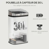 HOMCOM Poubelle à capteur de mouvement ouverture automatique 1 bac de 30 L en acier inoxydable(m-4)