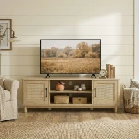 HOMCOM Meuble TV 135 cm, meuble télé pour téléviseur jusqu'à 65 pouces avec 2 portes en rotin, 2 compartiments ouverts, chêne(m-8)