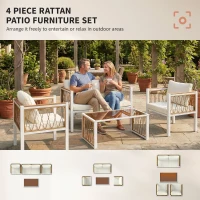 Outsunny 4 Piece Rattan Garden Furniture Set with Loveseat, 2 Armchairs, Table, Metal Frame Patio Conversation Set, Cream White(m-5)