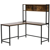 HOMCOM L Shaped Desk with Book Shelf, Industrial Corner Computer Desk, Writing Table with Steel Frame for Home Office, Bedroom, Study Room, 140 x 125cm, Brown(m-10)