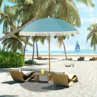 Outsunny Parasol de plage mât effet bois Ø 1,7 m, grand parasol à franges hauteur réglable, UPF50+ sac de transport, bleu clair(m-2)