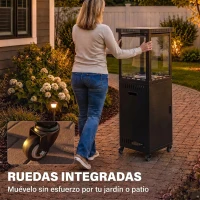 Outsunny Estufa de Gas para Terraza 13 kW con Encendido Piezoeléctrico Antivuelco 4 Ruedas Vidrio Templado Piedras de Lava Negro(m-7)