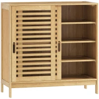 HOMCOM Zapatero con 2 Puertas Correderas de Lamas Estantes Ajustables para 16 Pares de Zapatos 80x35x80 cm Natural(m-1)