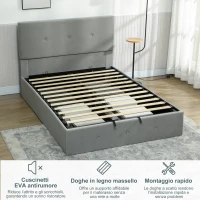 HOMCOM Letto Contenitore con Spazio a Scomparsa e Testiera Vellutata a Trapunta, in Legno e Metallo, 195x141x106 cm, Grigio(m-6)