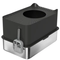 PawHut Bac à litière pour chat en acier inoxydable 85L grande capacité maison de toilette semi-fermée, 60 x 40 x 38 cm noir(m-1)