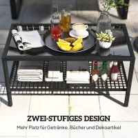 Outsunny Rattan-Couchtisch, zweistufiger Outdoor-Tisch mit Ablagefach, gehärteter Glasplatte und Stahlrahmen, Schwarz(m-4)