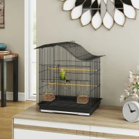 PawHut Cușcă pentru Păsări cu 4 Accesuri, 2 Boluri, 2 Stinghii și Tavă Detașabilă, Volieră din Metal și Plastic, 47,5x36x54,5 cm, Negru(m-10)
