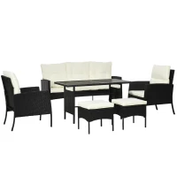 Outsunny 7 Seater Rattan Garden Furniture Set, 6 Piece Garden Dining Set, Armchairs, 3-Seater Sofa, Footstools, Glass Dining Table, Cushions, Wicker Outdoor Furniture for Conservatory Patio, Cream(m-10)