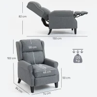 HOMCOM Fotoliu Reclinabil 132° max din Material Tip In cu Suport pentru Picioare, 74x84x102 cm, Gri(m-3)