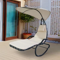 Outsunny Poltrona a Dondolo da Giardino Ergonomica, Lettino Sdraio Imbottito e Poggiatesta, 165x120x180cm Grigio e Crema(m-10)