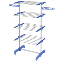 HOMCOM Four-Shelf Collapsing Clothes Horse, With Side Arms and Wheels - Blue(m-11)