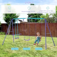 Outsunny Portique balancoire exterieur 3 en 1 avec 1 balançoire face à face et 2 sièges de balancelle, pour enfants 3+ans, violet(m-4)