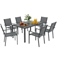 Outsunny Table de jardin extérieure avec 6 chaises empilables, plateau à lattes 150 cm, structure en acier anti-rouille, gris(m-11)