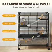PawHut Gabbia per Conigli in Acciaio a 4 Livelli con Piattaforme, Rampe, Ruote, Serbatoio Acqua e Vassoio Rimovibile, Nero(m-5)