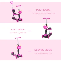 HOMCOM Adjustable Kids Toddler Scooter, with Removable Seat, Back Handle, Pink(m-6)