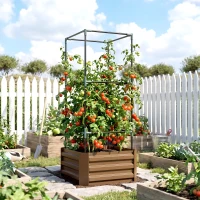 Outsunny Hochbeet mit Rankgitter Pflankasten mit Rankhilfe, offener Boden, wetterbeständig, 61 cm x 61 cm x 140 cm, Braun(m-9)