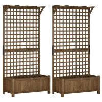 Outsunny 2 Pcs Raised Bed with Drainage Holes, Wood Planter with Trellis for Climbing Plants to Grow Vegetables, Flowers, Brown(m-1)