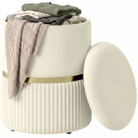 HOMCOM Round Storage Stool, Velvet-feel Fabric Upholstered Vanity Stool with Removable Top, Padded Seat and Hidden Space, Beige(m-15)