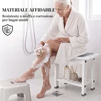 HOMCOM Sgabello da Bagno a 2 Livelli in HDPE con Cuscino in EVA, Ripiano Portaoggetti, Portata 120 kg, Bianco(m-4)