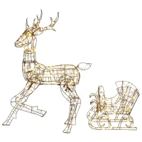 Outsunny Beleuchtetes Rentier- und Schlitten-Set, 2-teilige Weihnachtsdeko aus Polyrattan für außen, mit LEDs, 8 Modi, Timer(m-12)