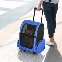 PawHut Trasportino Zaino 2 in 1 per Cani e Gatti con Tasche Laterali, Maniglia Telescopica e Ruote, 42x25x55cm, Azzurro(m-10)