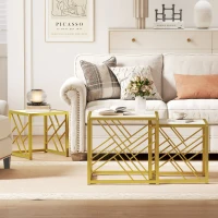 HOMCOM Nesting Coffee Tables, Set of 3 Square Side Tables with Gold Metal Frame, for Living Room, Bedroom and Office, White(m-8)