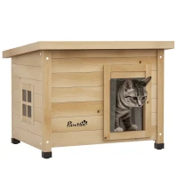 PawHut Maison pour chats niche d'extérieur en bois surélevée avec toit asphalte, fenêtre, 57 x 45 x 43 cm jaune(m-11)