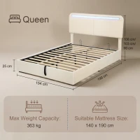 HOMCOM Pat cu spațiu de depozitare 140 x 190 cm, LED RGB, Tăblie Reglabilă, Cadru de Pat Dublu Căptușit Catifea, Depozitare Hidraulică, Crem(m-3)